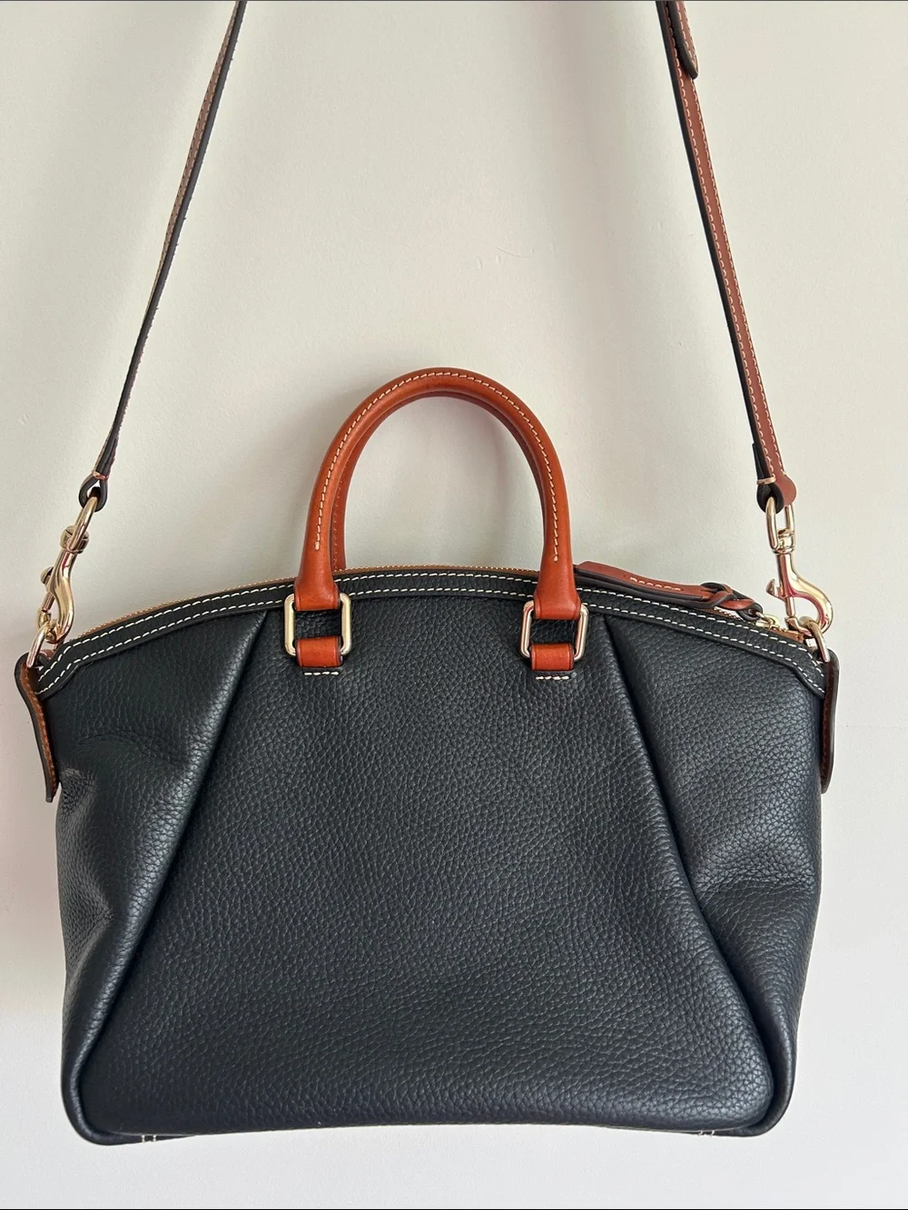 Dooney & Bourke Black Pebble Grain Leather Front Pocket Satchel with Brown Trim